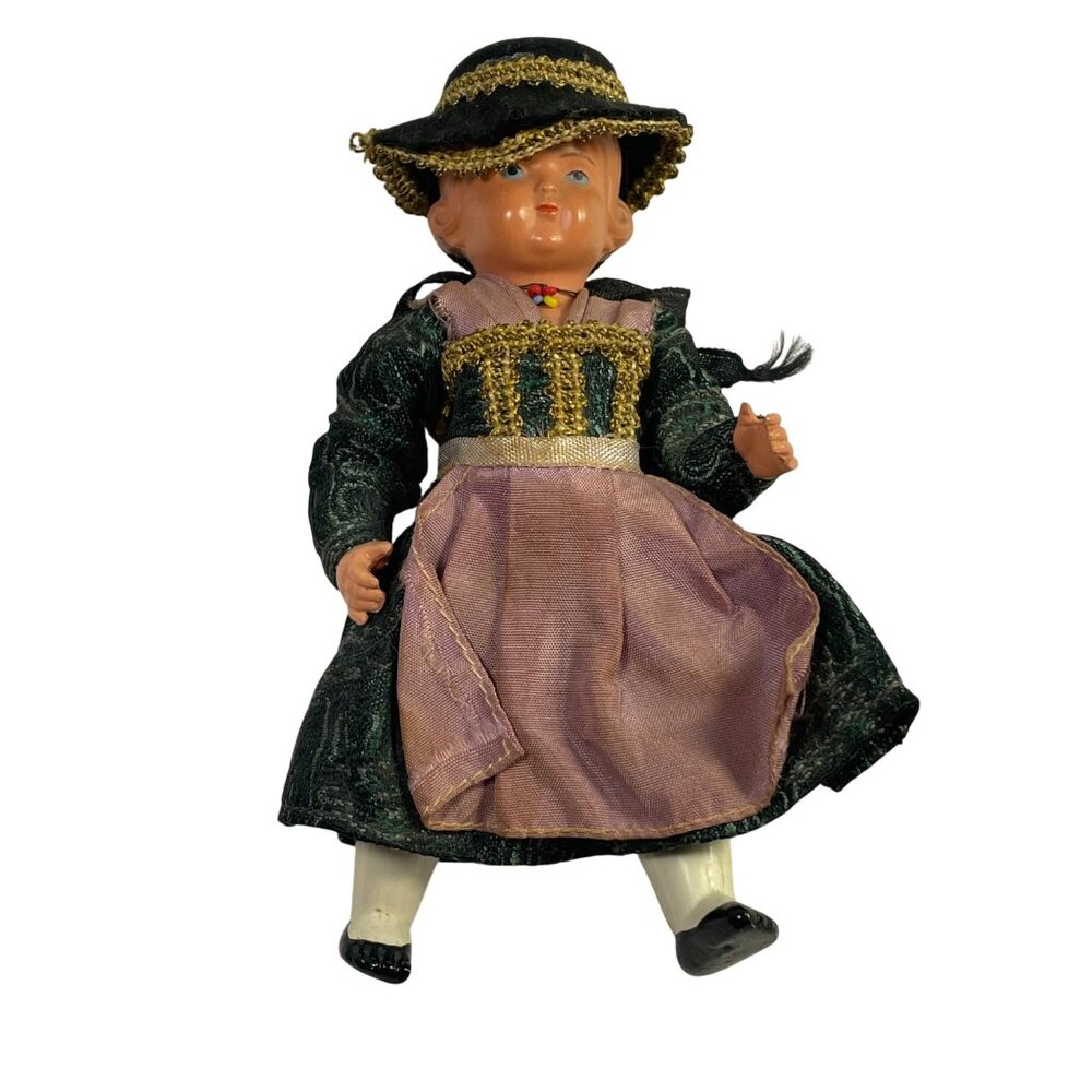 Vintage German Doll In Traditional Clothing With Hat & Apron  Articulated Limbs